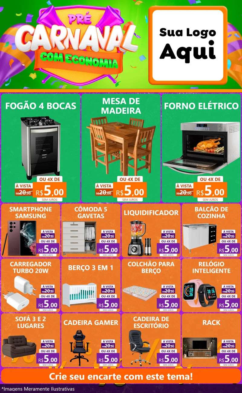Modelo de Encarte para Encarte Grande com o tema Pré-Carnaval Com Economia para Móveis e Eletro