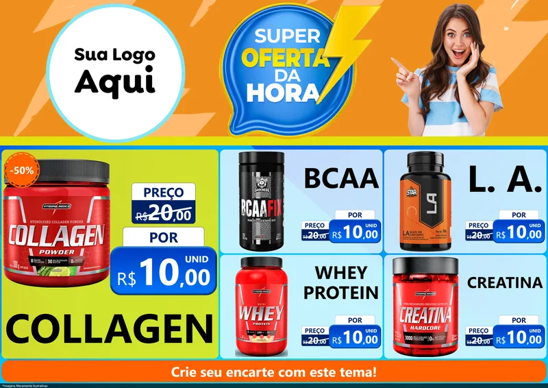 Modelo de Encarte para Encarte A4 Horizontal com o tema Super Oferta da Hora para Suplementos alimentares