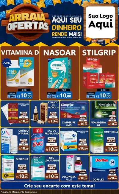 Modelo de Encarte para Encarte Grande com o tema Arraiá de Ofertas - Junina para Farmácia