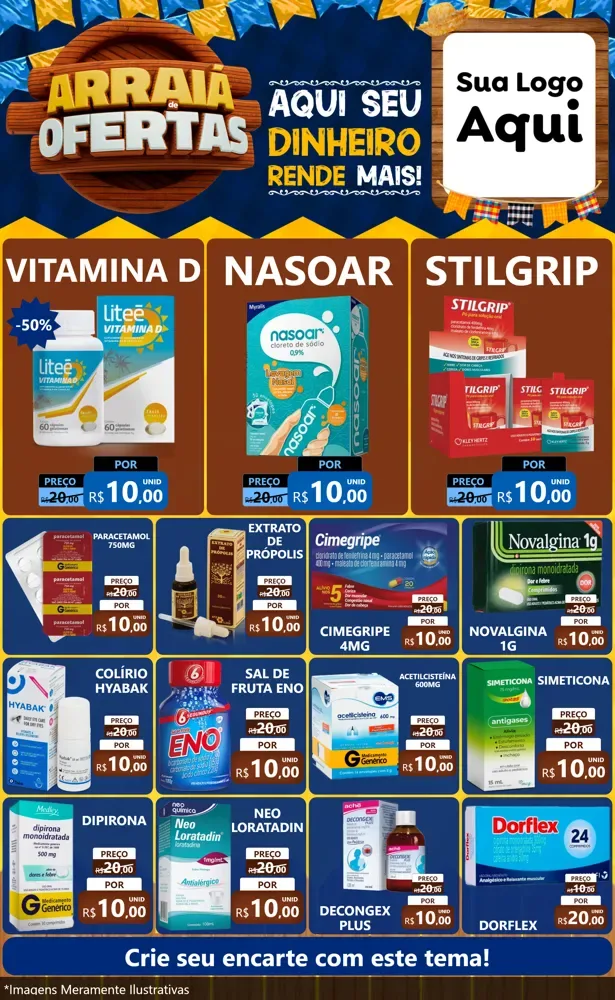 Modelo de Encarte para Encarte Grande com o tema Arraiá de Ofertas - Junina para Farmácia