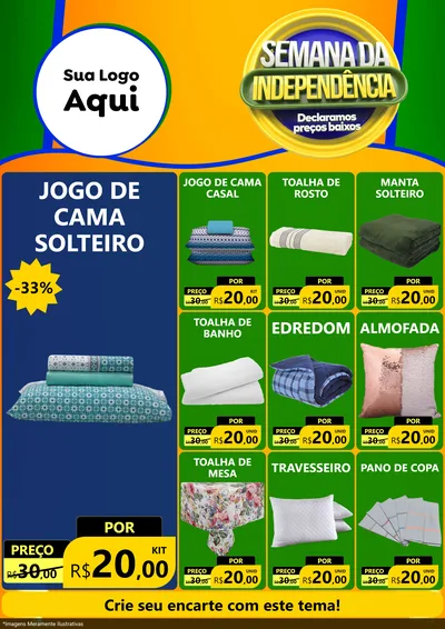 Modelo de Encarte para Encarte A4 Vertical com o tema Semana da Independência Declaramos Preços Baixos para Cama, Mesa e Banho