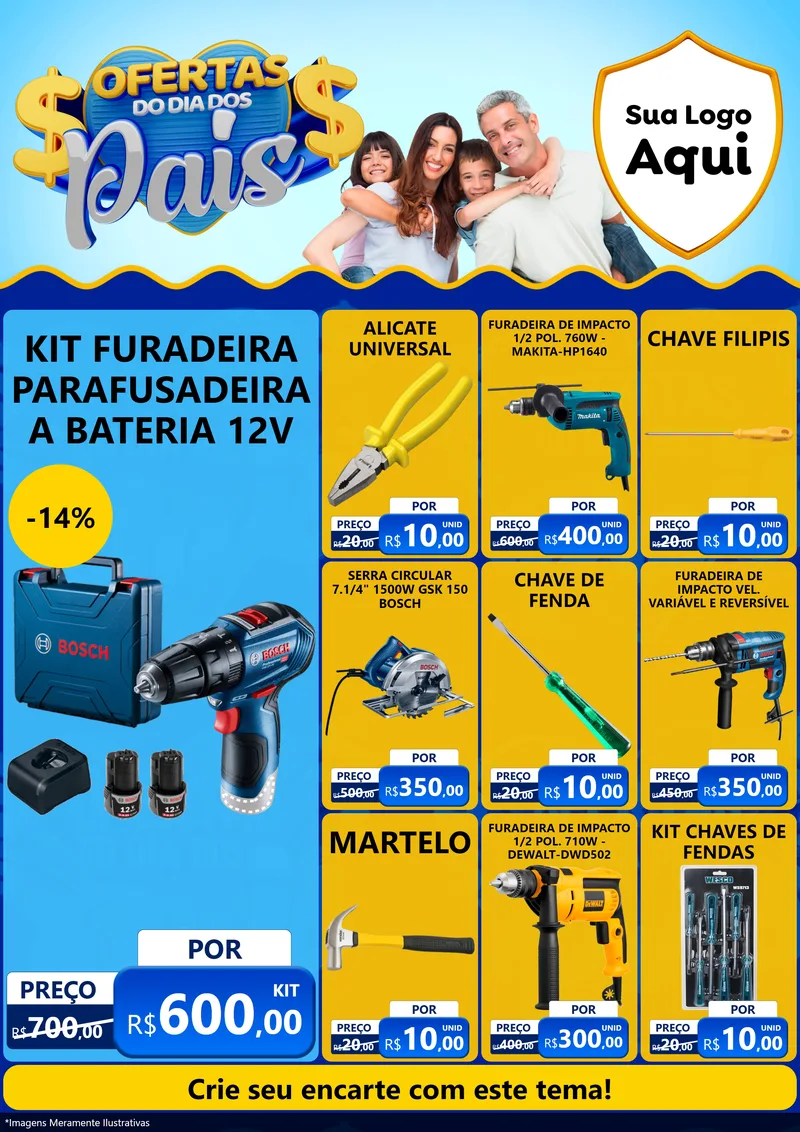 Modelo de Encarte para Encarte A4 Vertical com o tema Ofertas do Dia dos Pais para Maquinas e Ferramentas