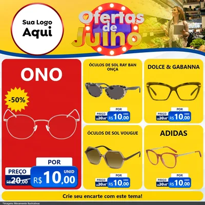 Modelo de Rede Social para Feed Facebook com o tema Ofertas de Julho para Óticas