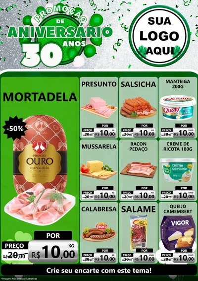 Modelo de Encarte para Encarte A4 Vertical com o tema Promoção de Aniversário - 30 Anos para Frios e Laticínios