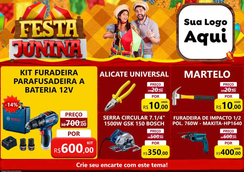 Modelo de Encarte para Encarte A4 Horizontal com o tema Festa Junina para Maquinas e Ferramentas