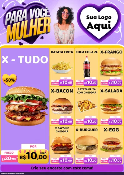 Modelo de Encarte para Encarte A4 Vertical com o tema Para Você, Mulher para Hamburgueria