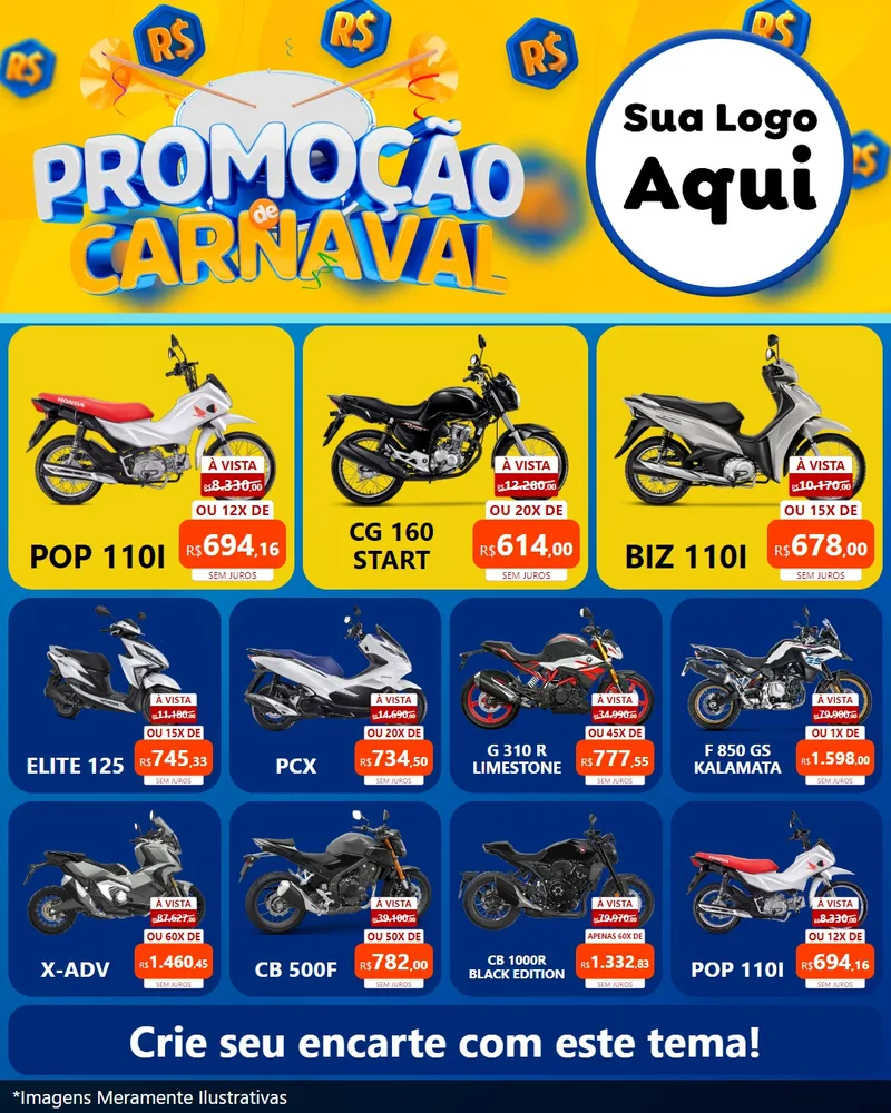 Modelo de Rede Social para Feed Instagram com o tema Promoção de Carnaval para Concessionaria de Motos