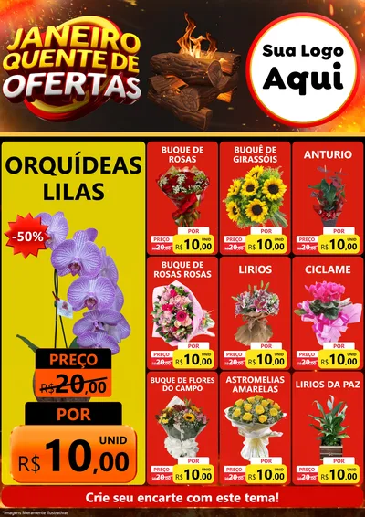Modelo de Encarte para Encarte A4 Vertical com o tema Janeiro Quente de Ofertas para Floricultura e jardim