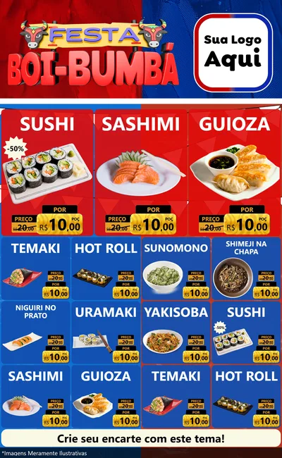 Modelo de Encarte para Encarte Grande com o tema Festa Boi Bumbá para Comida japonesa