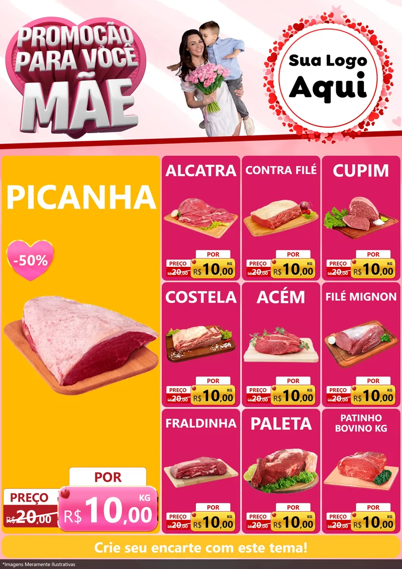 Modelo de Encarte para Encarte A4 Vertical com o tema Promoção Para Você Mãe para Açougue