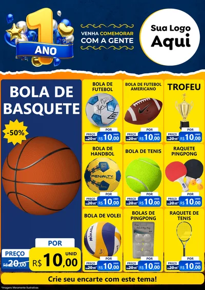 Modelo de Encarte para Encarte A4 Vertical com o tema Um Ano de Aniversário para Artigos Esportivos