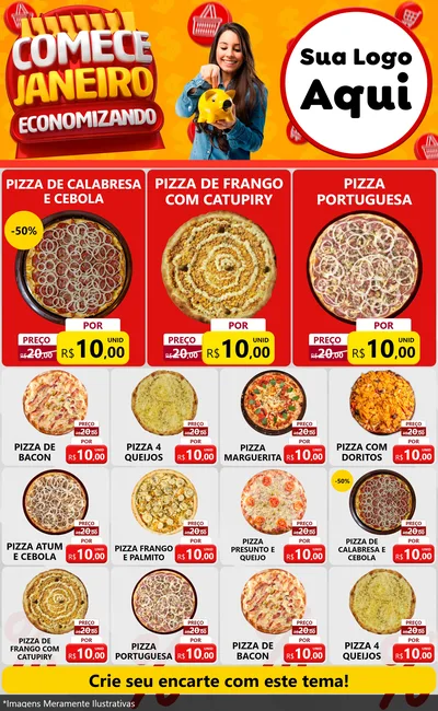 Modelo de Encarte para Encarte Grande com o tema Comece Janeiro Economizando para Pizzaria