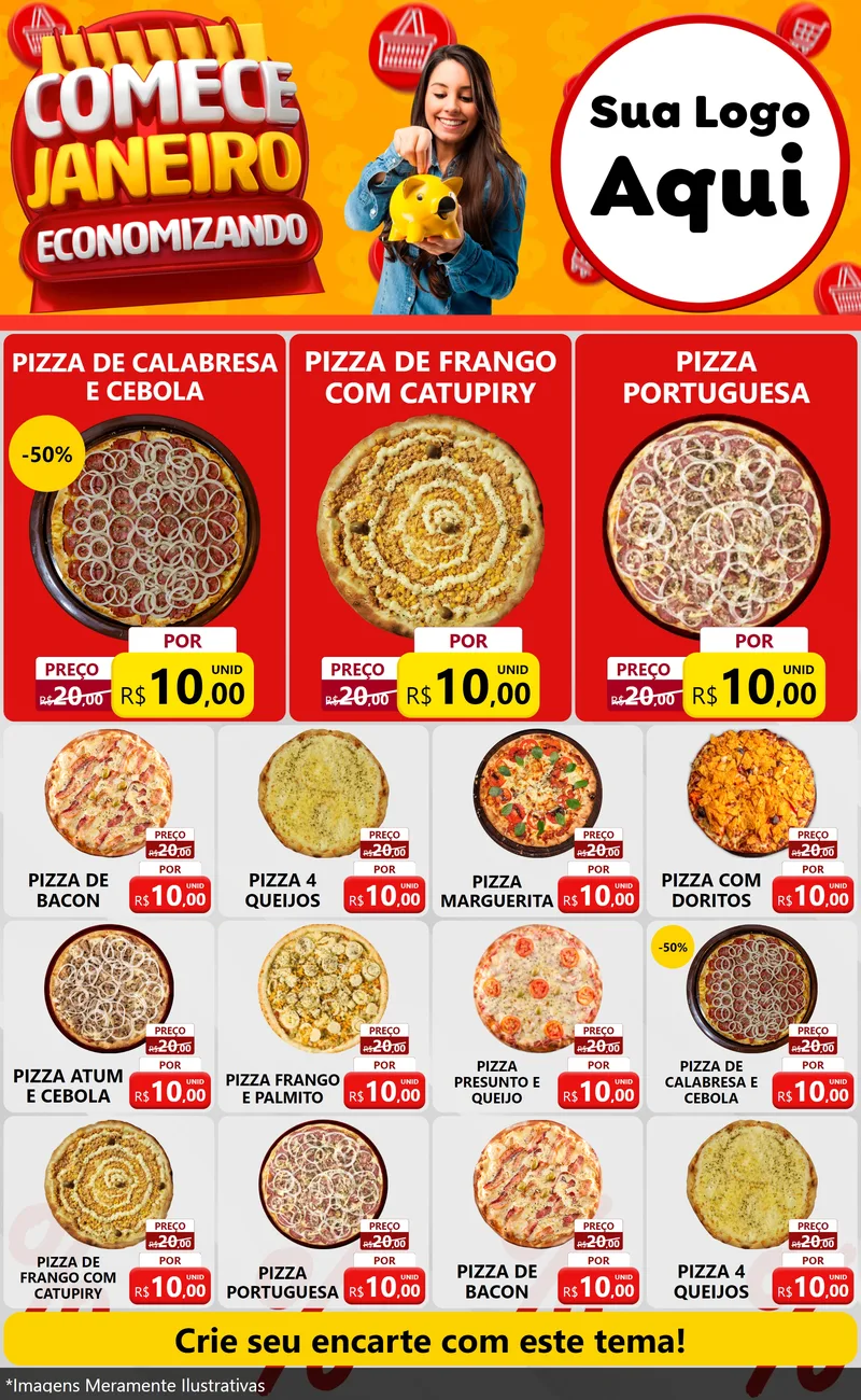 Modelo de Encarte para Encarte Grande com o tema Comece Janeiro Economizando para Pizzaria