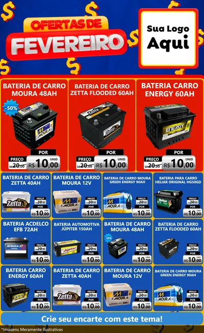 Modelo de Encarte para Encarte Grande com o tema Ofertas de Fevereiro para Baterias Elétricas