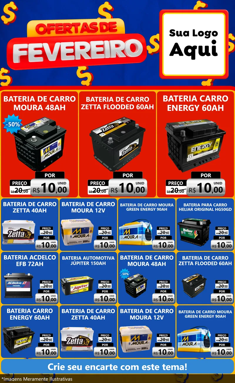 Modelo de Encarte para Encarte Grande com o tema Ofertas de Fevereiro para Baterias Elétricas