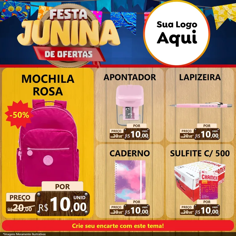 Modelo de Rede Social para Feed Facebook com o tema Festa Junina de Ofertas para Papelaria
