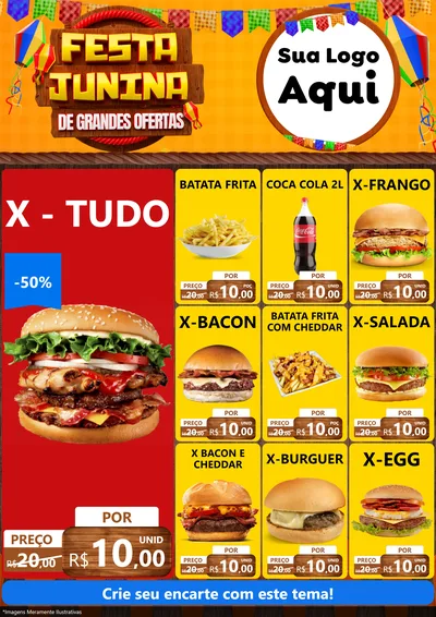 Modelo de Encarte para Encarte A4 Vertical com o tema Festa Junina de Grandes Ofertas para Hamburgueria