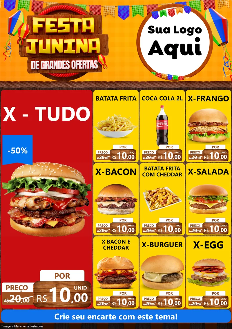 Modelo de Encarte para Encarte A4 Vertical com o tema Festa Junina de Grandes Ofertas para Hamburgueria