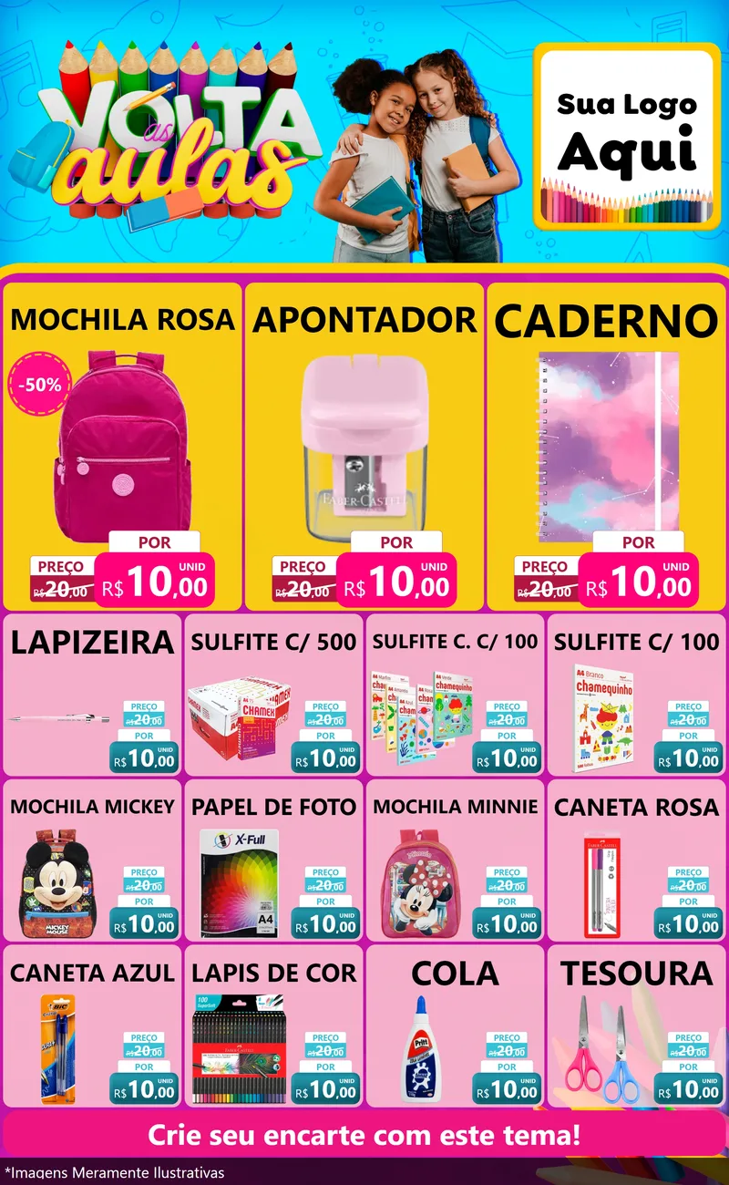 Modelo de Encarte para Encarte Grande com o tema Volta às Aulas para Papelaria
