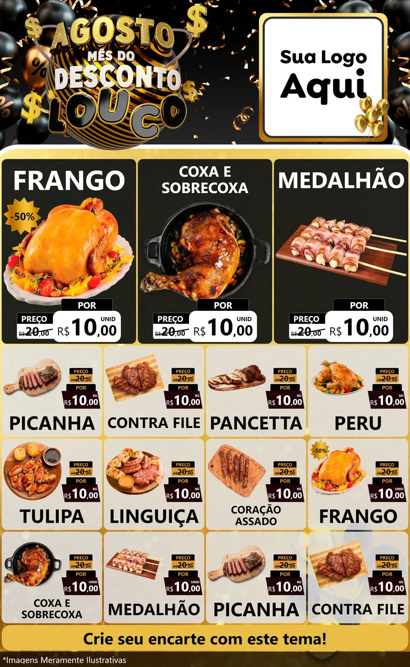 Modelo de Encarte para Encarte Grande com o tema Agosto Mês do Desconto Louco para Assados