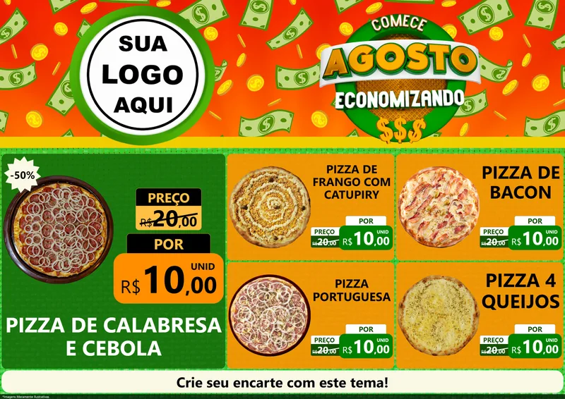 Modelo de Encarte para Encarte A4 Horizontal com o tema Comece Agosto Economizando para Pizzaria
