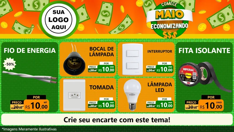 Modelo de TV para TV Horizontal com o tema Comece Maio Economizando para Materiais Elétricos