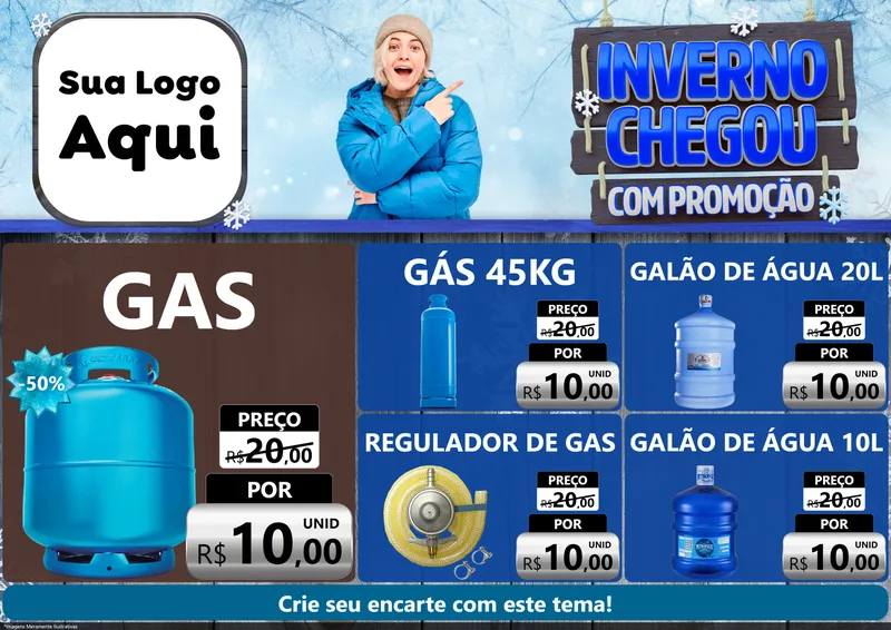 Modelo de Encarte para Encarte A4 Horizontal com o tema Inverno Chegou Com Promoção para Água e gás