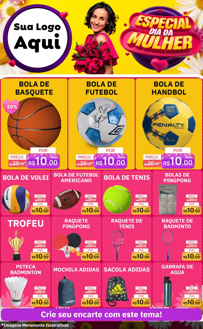 Modelo de Encarte para Encarte Grande com o tema Especial Dia da Mulher para Artigos Esportivos