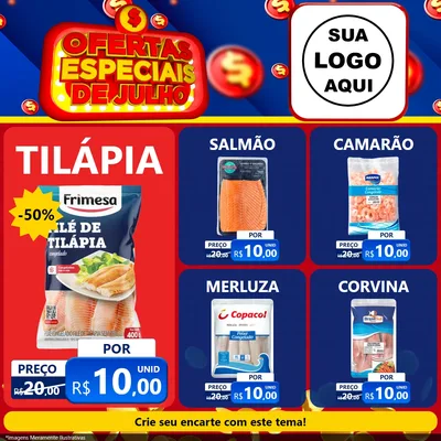 Modelo de Rede Social para Feed Facebook com o tema Ofertas Especiais de Julho para Peixaria