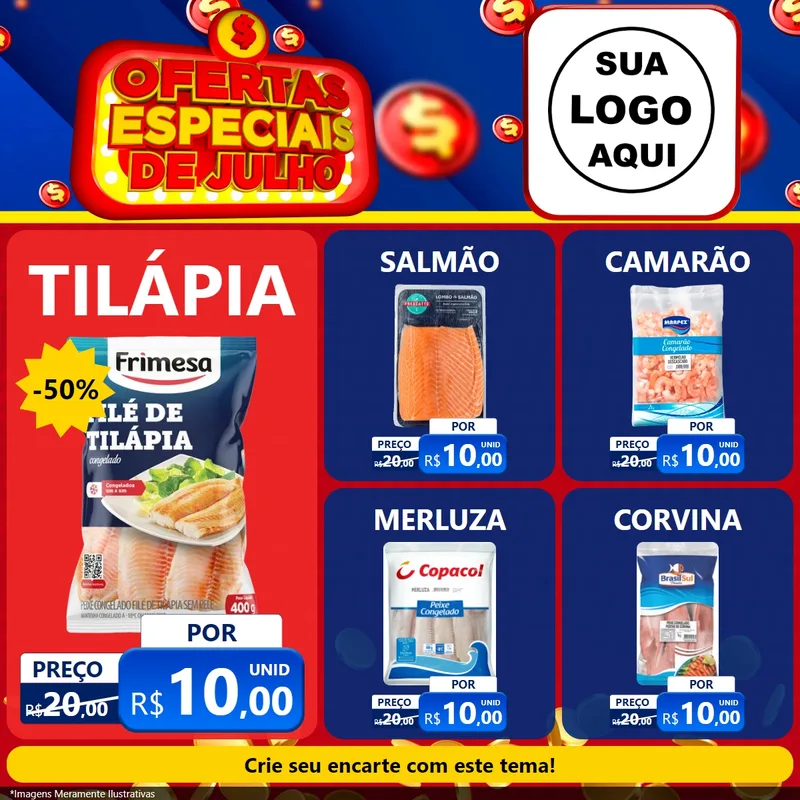 Modelo de Rede Social para Feed Facebook com o tema Ofertas Especiais de Julho para Peixaria