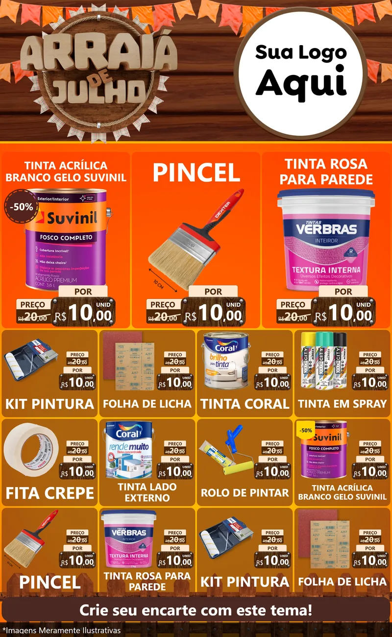 Modelo de Encarte para Encarte Grande com o tema Arraiá de Julho - Junina para Tintas e Ferramentas