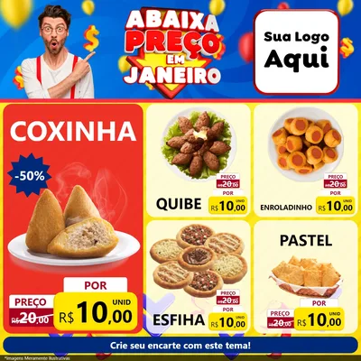 Modelo de Rede Social para Feed Facebook com o tema Abaixa Preço em Janeiro para Salgadaria