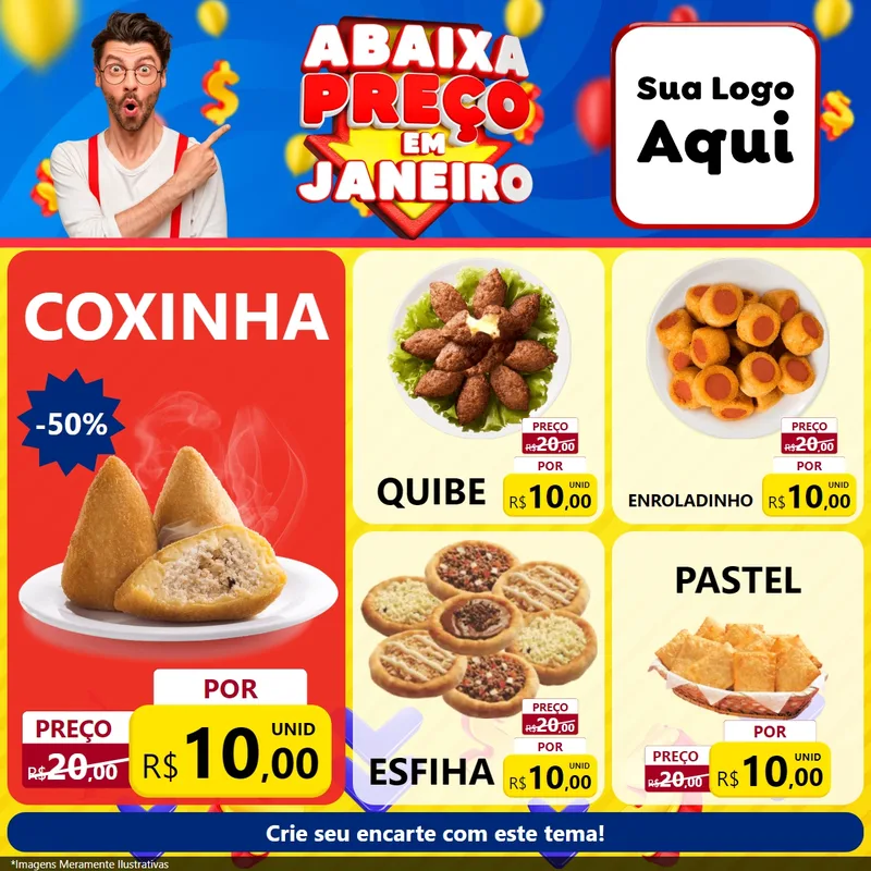 Modelo de Rede Social para Feed Facebook com o tema Abaixa Preço em Janeiro para Salgadaria