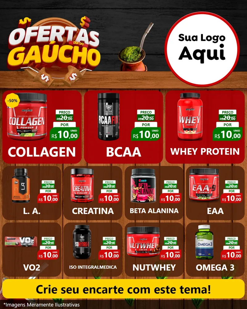 Modelo de Rede Social para Feed Instagram com o tema Ofertas Dia do Gaúcho para Suplementos alimentares