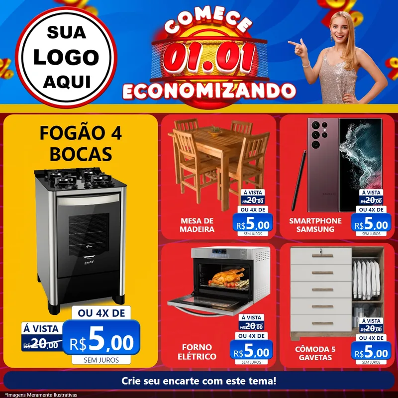 Modelo de Rede Social para Feed Facebook com o tema Comece 1º de Janeiro Economizando para Móveis e Eletro