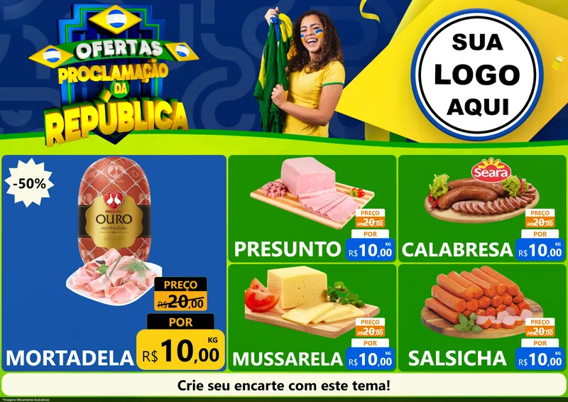 Modelo de Encarte para Encarte A4 Horizontal com o tema Ofertas Proclamação da República para Frios e Laticínios