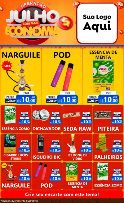 Modelo de Encarte para Encarte Grande com o tema Operação Julho Com Mais Economia para Tabacaria