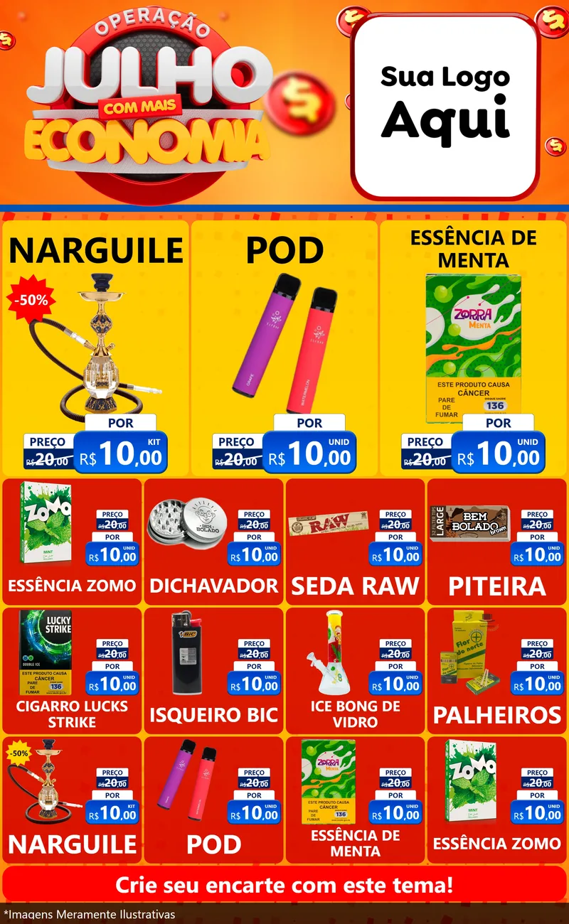 Modelo de Encarte para Encarte Grande com o tema Operação Julho Com Mais Economia para Tabacaria