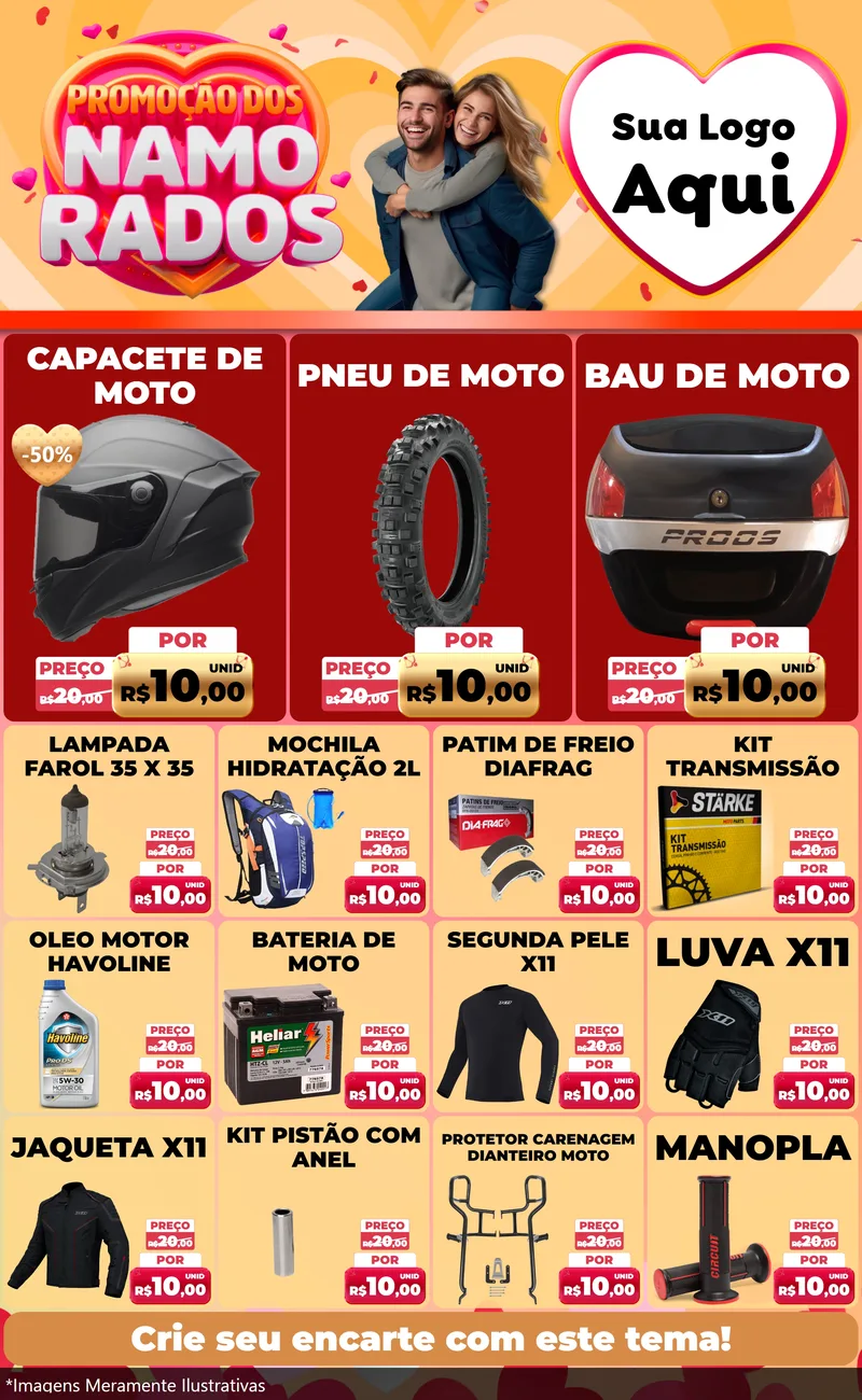 Modelo de Encarte para Encarte Grande com o tema Promoção dos Namorados para Moto peças