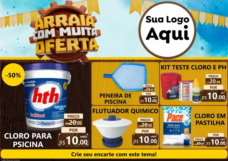 Modelo de Encarte para Encarte A4 Horizontal com o tema Ofertas de São João - Junina para Produtos para Piscina
