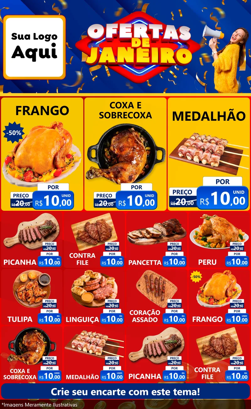 Modelo de Encarte para Encarte Grande com o tema Ofertas de Janeiro para Assados