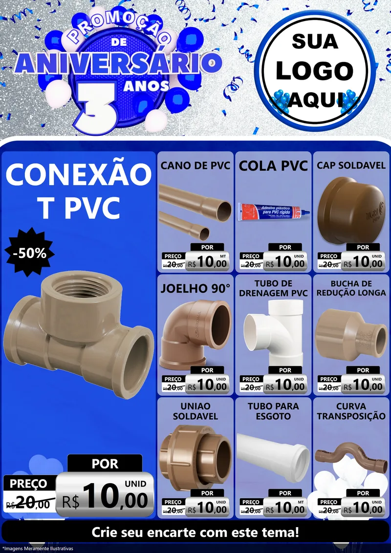 Modelo de Encarte para Encarte A4 Vertical com o tema Promoção de Aniversário - 3 Anos para Tubos e conexões