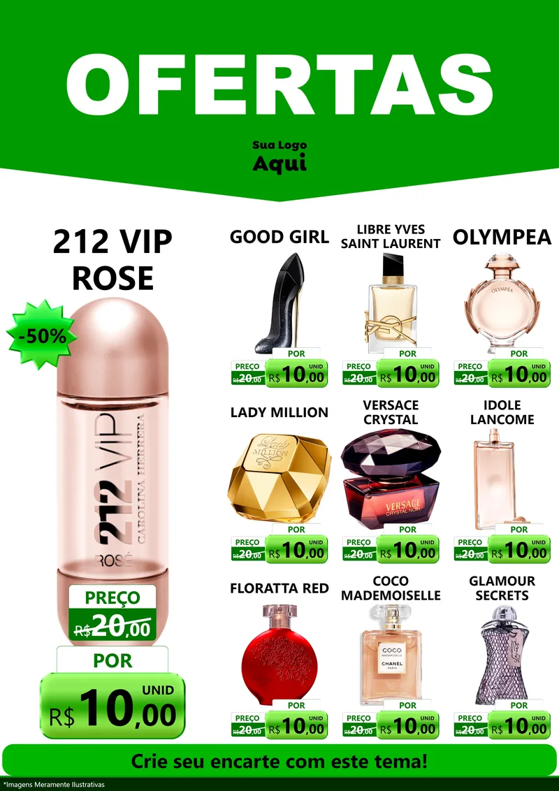 Modelo de Encarte para Encarte A4 Vertical com o tema Ofertas Verde Cartaz para Perfumes