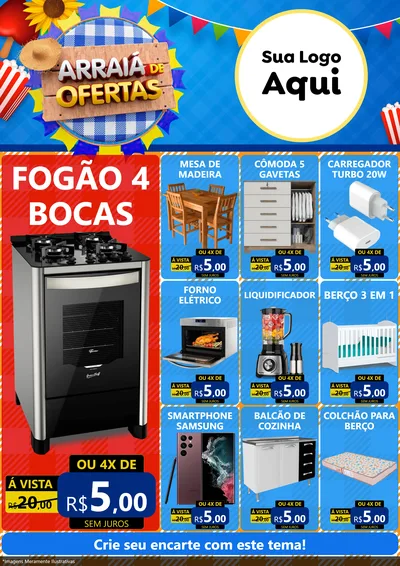 Modelo de Encarte para Encarte A4 Vertical com o tema Arraiá de Ofertas para Móveis e Eletro