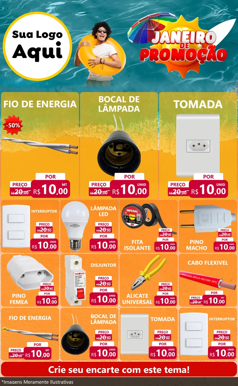 Modelo de Encarte para Encarte Grande com o tema Janeiro de Promoção para Materiais Elétricos