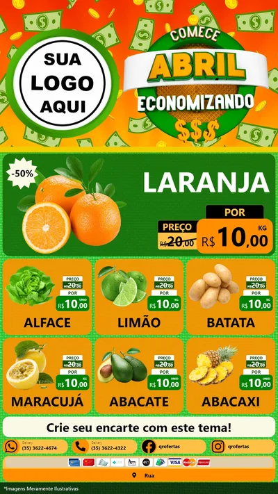 Modelo de Rede Social para Stories com o tema Comece Abril Economizando para Hortifrúti