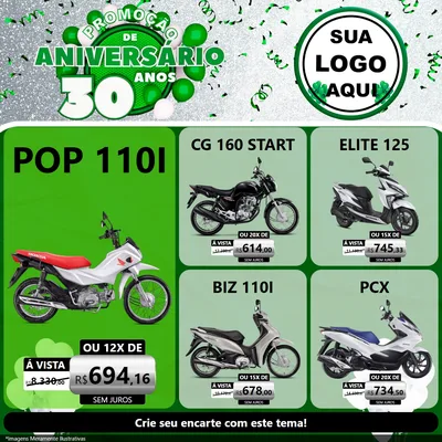 Modelo de Rede Social para Feed Facebook com o tema Promoção de Aniversário - 30 Anos para Concessionaria de Motos