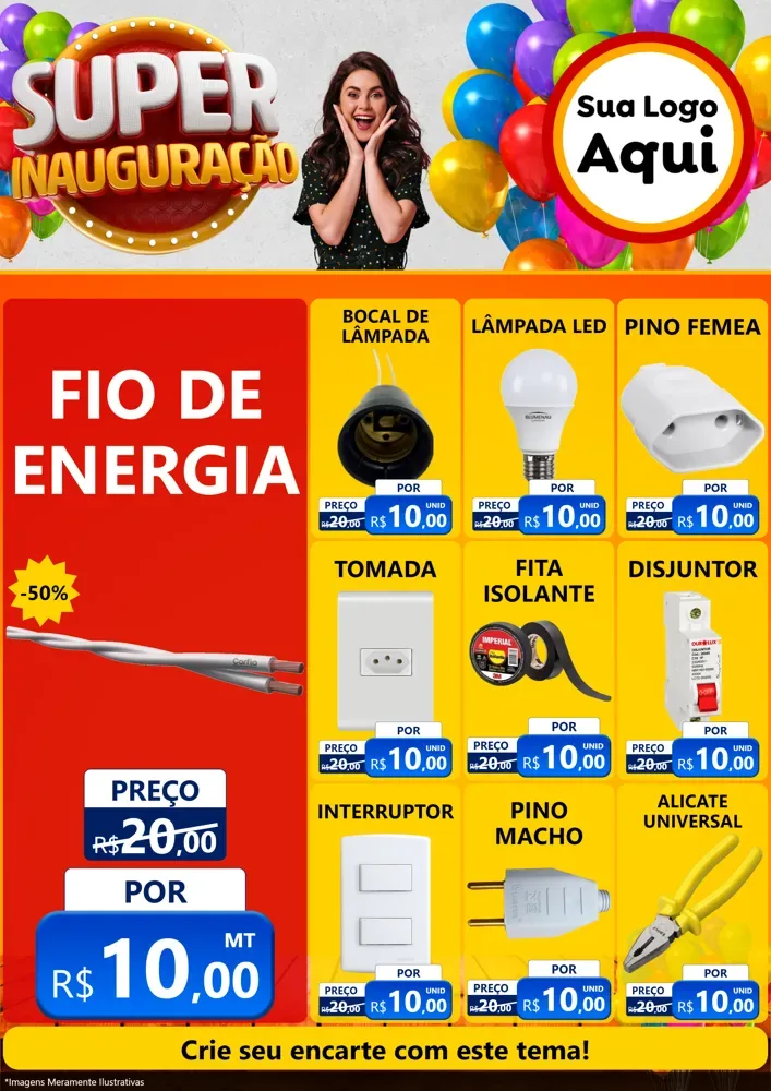 Modelo de Encarte para Encarte A4 Vertical com o tema Super Inauguração para Materiais Elétricos