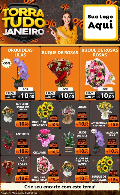 Modelo de Encarte para Encarte Grande com o tema Torra Tudo Janeiro para Floricultura e jardim