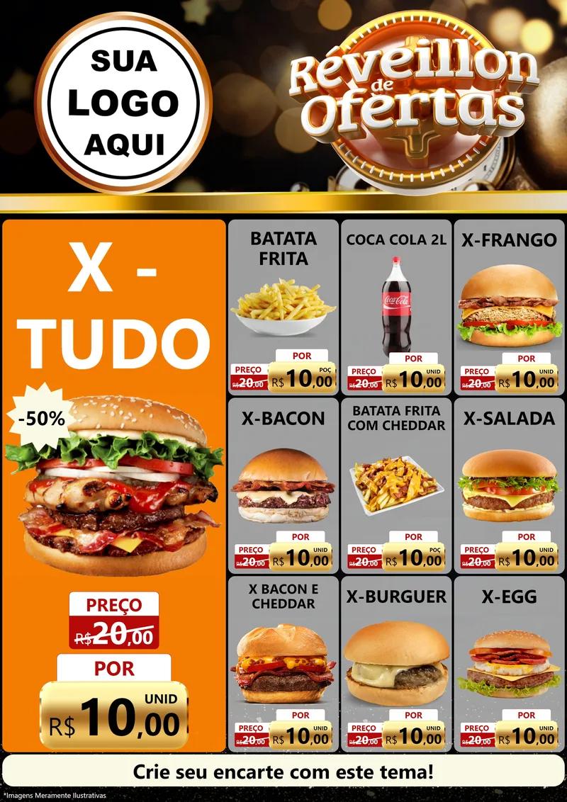 Modelo de Encarte para Encarte A4 Vertical com o tema Réveillon de Ofertas para Hamburgueria